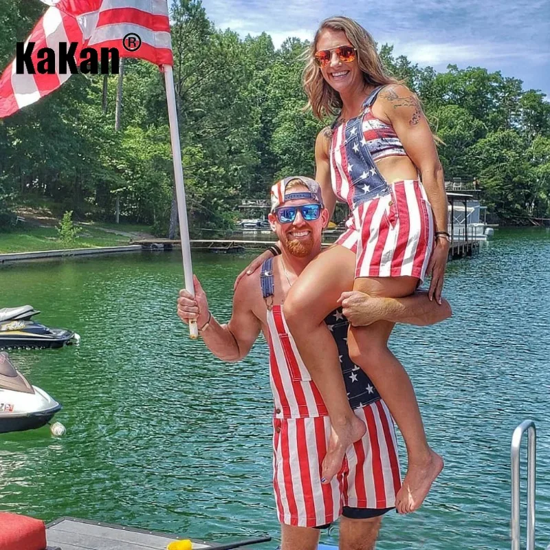 Мужские джинсы на бретелях Kakan красные летние брюки в американском стиле Дня