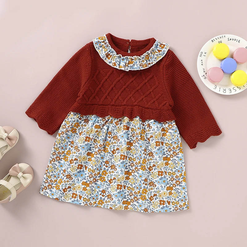 

Baby Sweater Dress Knitted Autumn Newborn Girl Skirt Cute Floral Infant Children Clothing Long Sleeve Fashion Ruffles Sweet 1PC