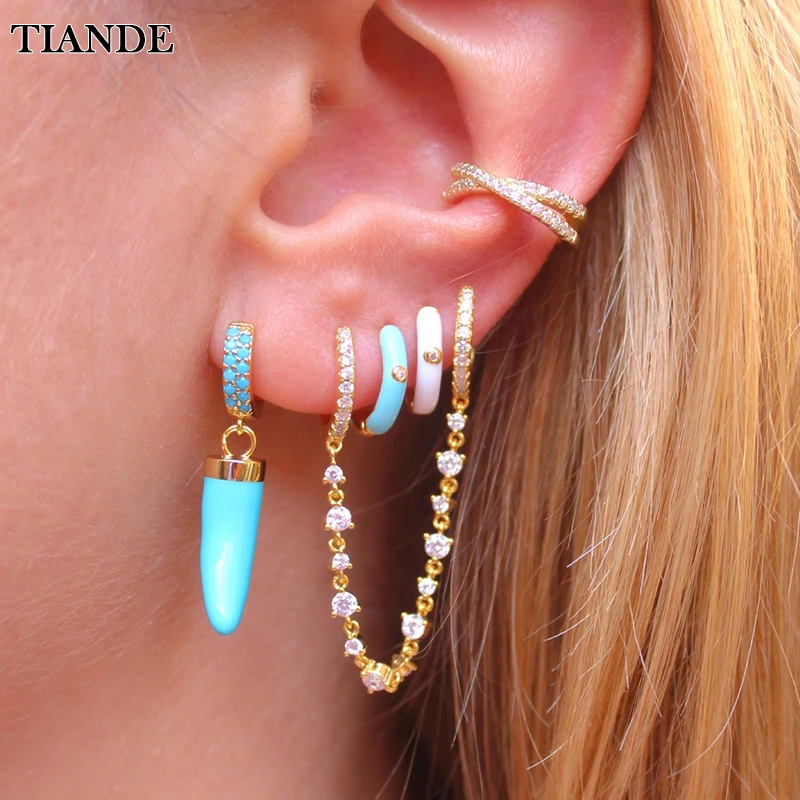 

TIANDE Gold Plated Hoop Drop Earrings for Women Color Zircon Enamel Piercing Chain Dangle Earrings Set 2022 Jewelry Wholesale