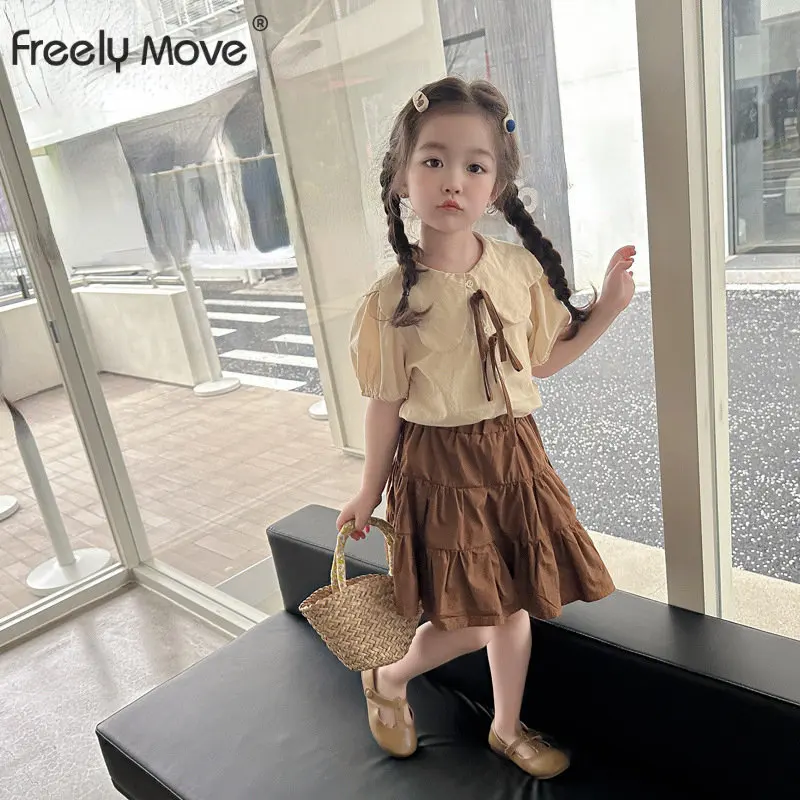 

Baby Girsl Clothes School Clothing Summer Clothes for Babies Bow Short Sleeve Blouse+Pleated Skirts 2pcs Kids Outfit
