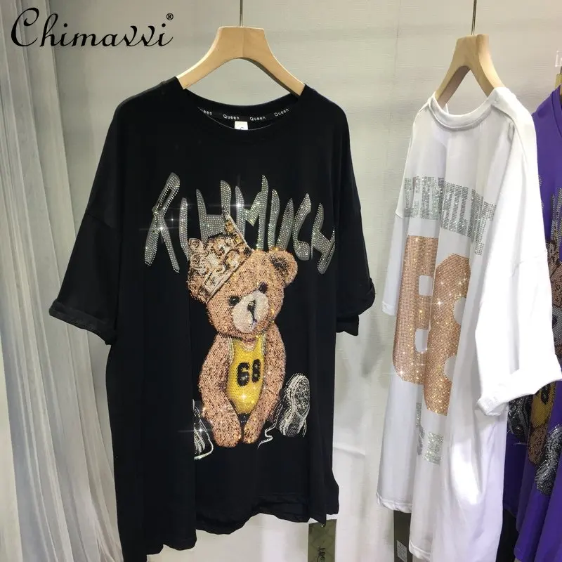 New Fashion Loose Embroidery Hot Drilling Pullover T-shirt Women's 2023 Summer Bear Crew Neck Loose Mid-Length Slimming Top Tee