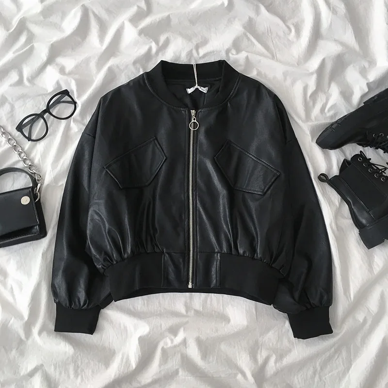 

Женская куртка из искусственной кожи, осень 2022, черная короткая Повседневная Универсальная женская верхняя одежда на молнии с рукавами «ле...