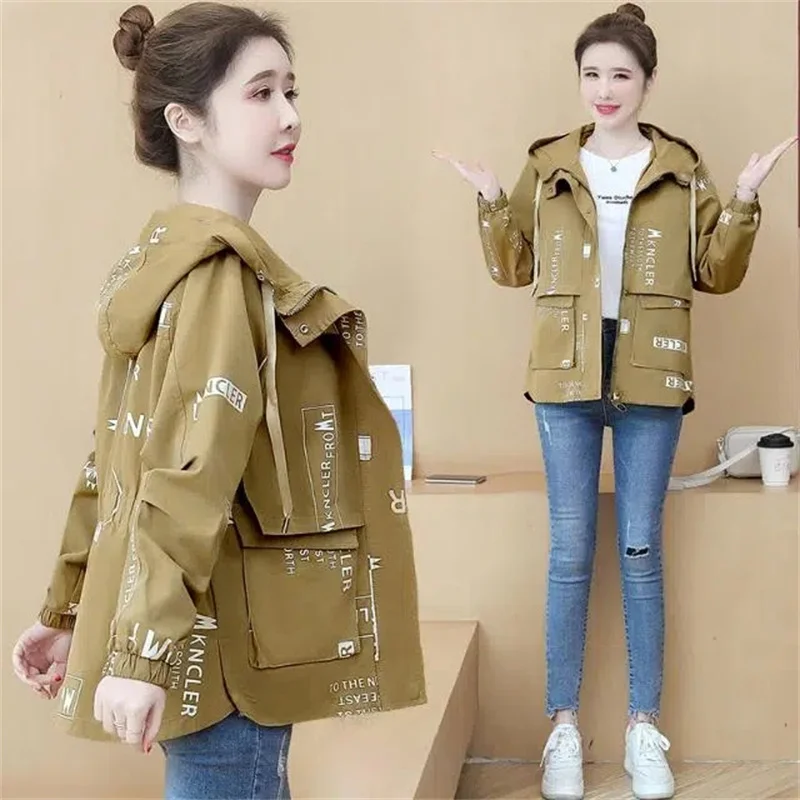 

Jacket Women's Spring Autumn 2023 New Windbreaker Coat Female Wild Hooded Outerwear Ins Tide Loose Printed Overcoat Short Tops