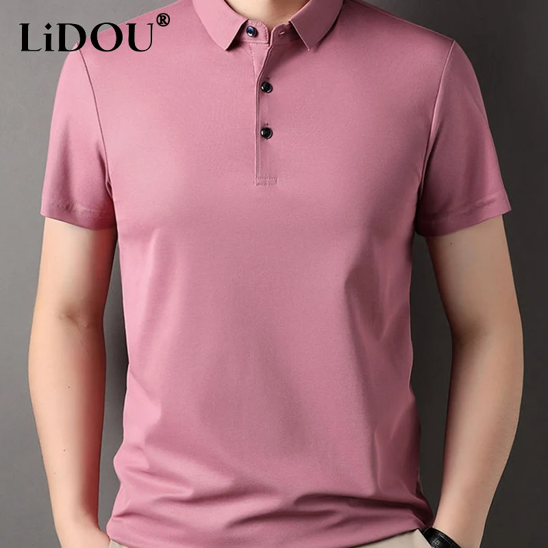 

2023 Summer New Turn-down Collar Solid Color Short Sleeve Polo Shirts Man Loose Office Shirt Fashion Thin Style Men's Clothing