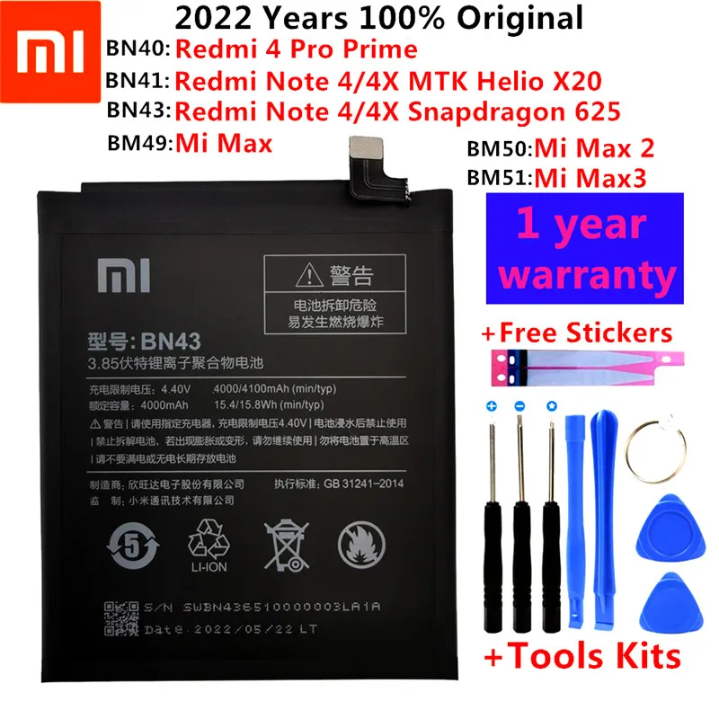 

100% оригинальный сменный аккумулятор для Xiaomi Mi Max 2 Max 3 Redmi 4 Pro Prime Redmi Note 4X / Note4 батареи для телефона + Инструменты