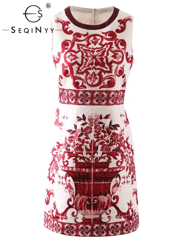 

SEQINYY Vest Mini Dress Summer Spring New Fashion Design Women Runway High Street Vintage Red Flowers Print Sicily Jacquard