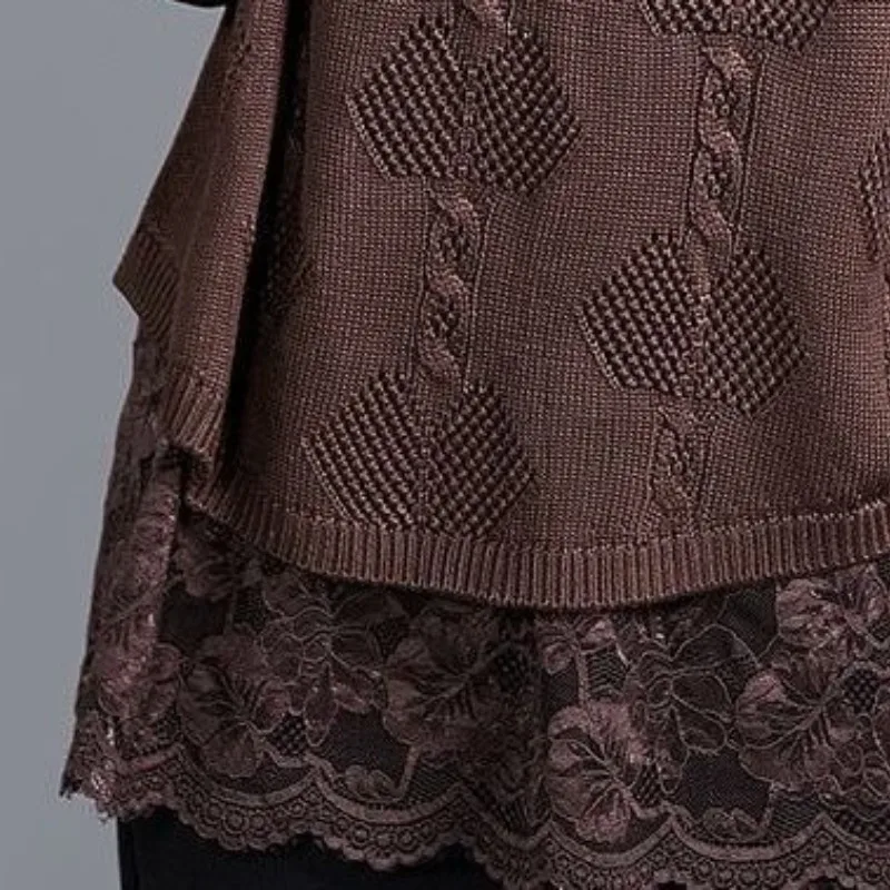 Женский пуловер средней длины однотонный свободный кружевной с круглым вырезом