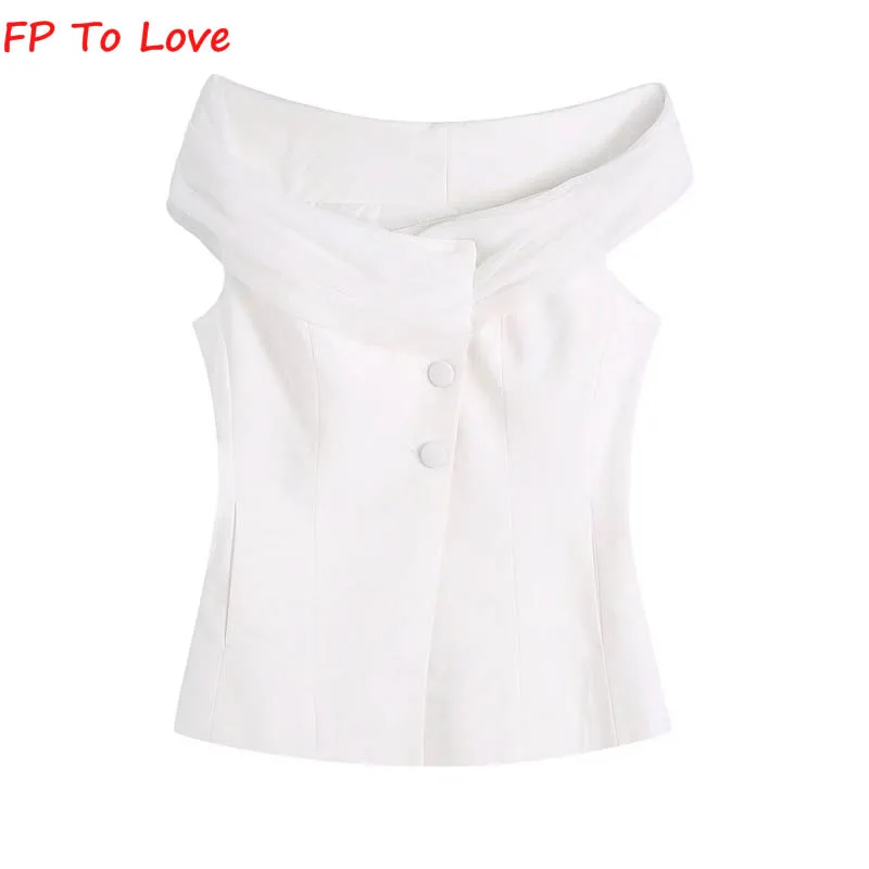 

FP TO LOVE 2022 Summer White Tulle Patchwork Sexy Vest Sleeveless Elegant High Waist Tight Casual Retro Top