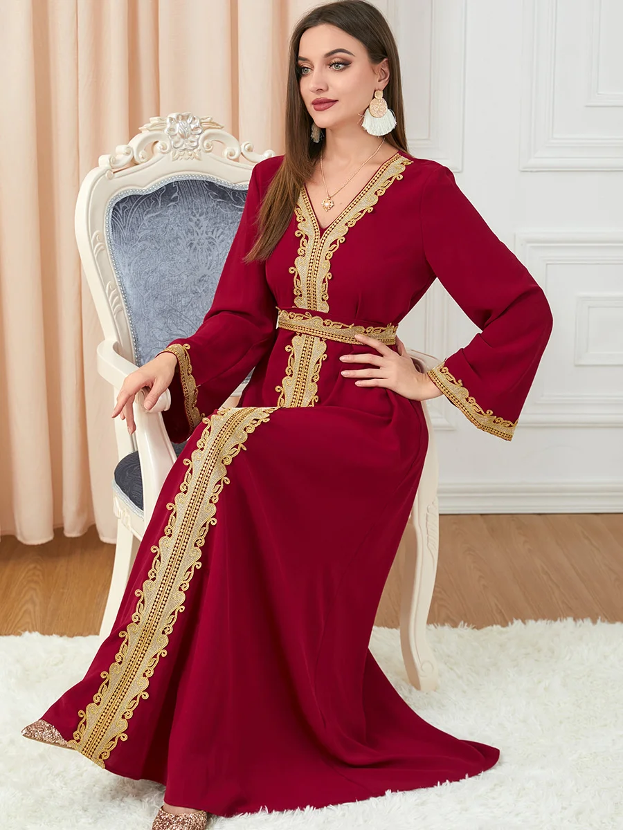 V-neck Arab Morocco Muslim Fashion Long Dress Elegant Abaya Women Embroidery Maxi Dresses Abayas Dubai Turkey Islam Kaftan