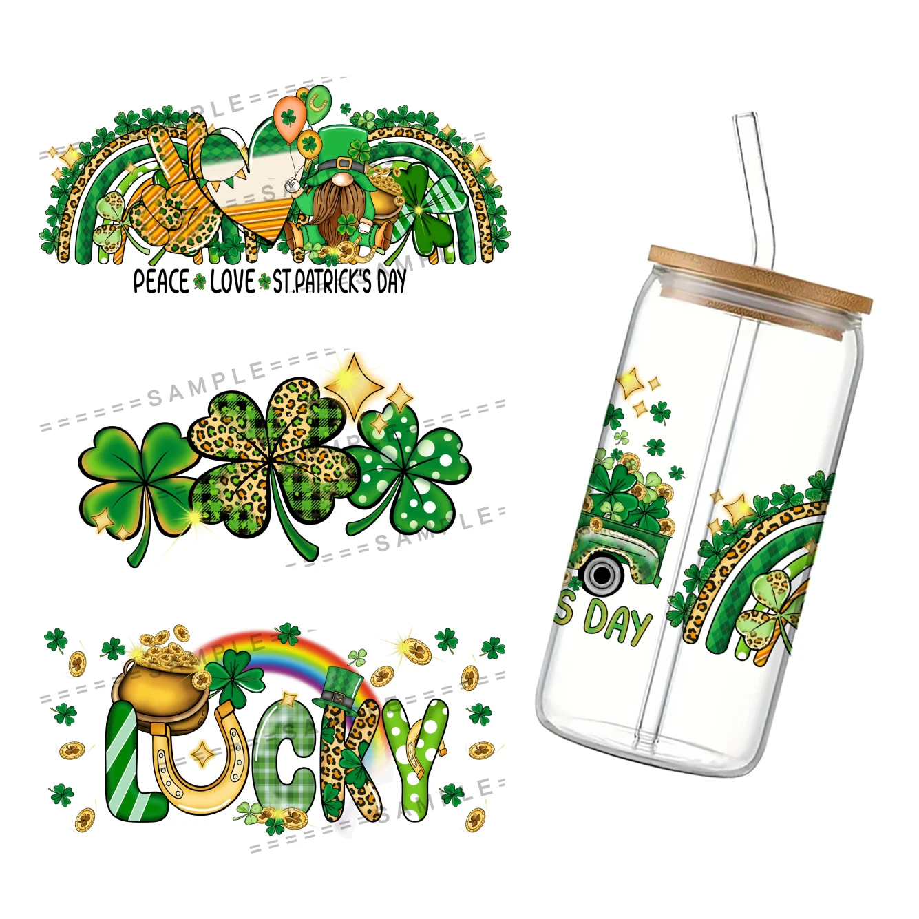 Тема Дня Святого Патрика для Libbey 16oz Can Glass 3D водонепроницаемый UV DTF кофе может