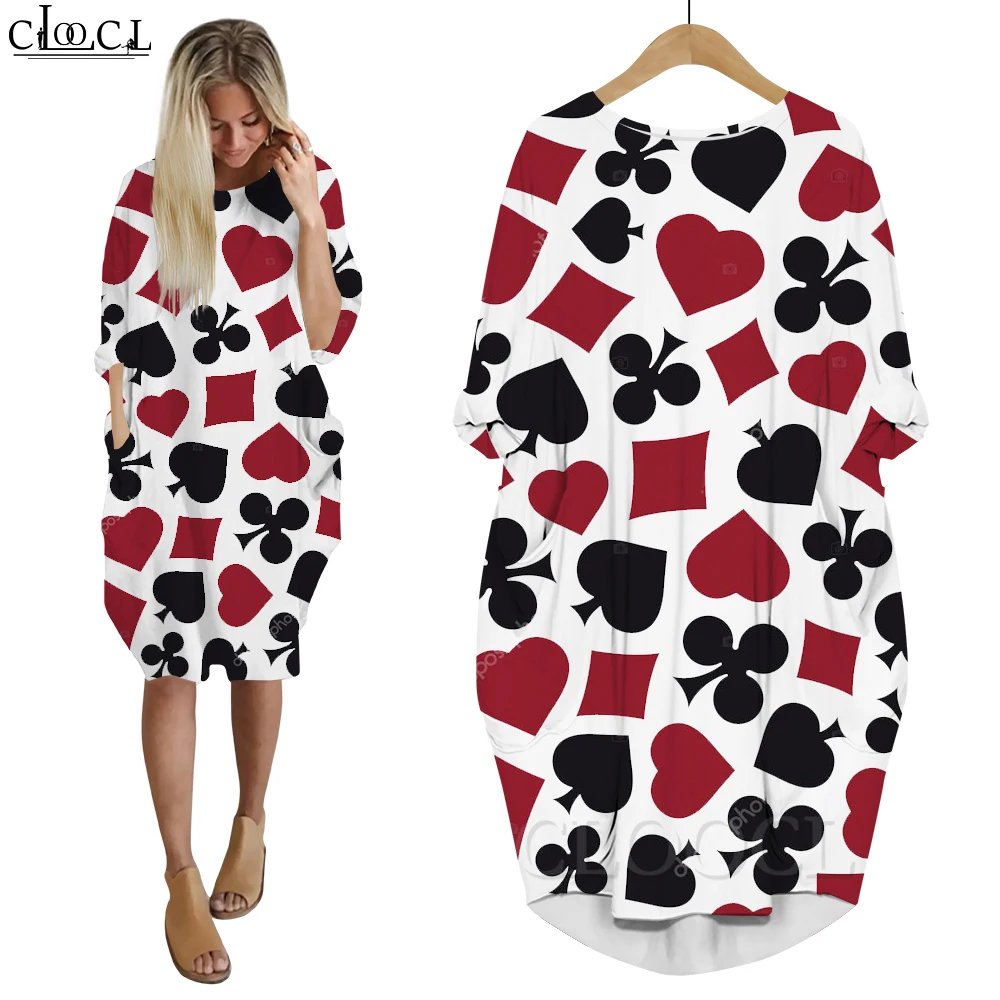 

CLOOCL Women Dress Playing Cards of Spades 3D Graphics Loose Daughter Dresses Long Sleeve Fashion Summer Gown Pocket Dress
