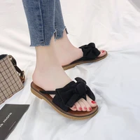 new 2022 summer new bow slippers womens flat bottom casual one word sandals