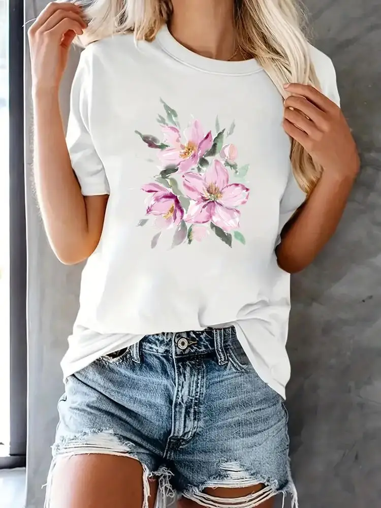 

Tee Women Top Short Sleeve Printed T Shirt Clothing Female Fashion Casual Clothes Graphic Watercolor Flower Style T-shirts