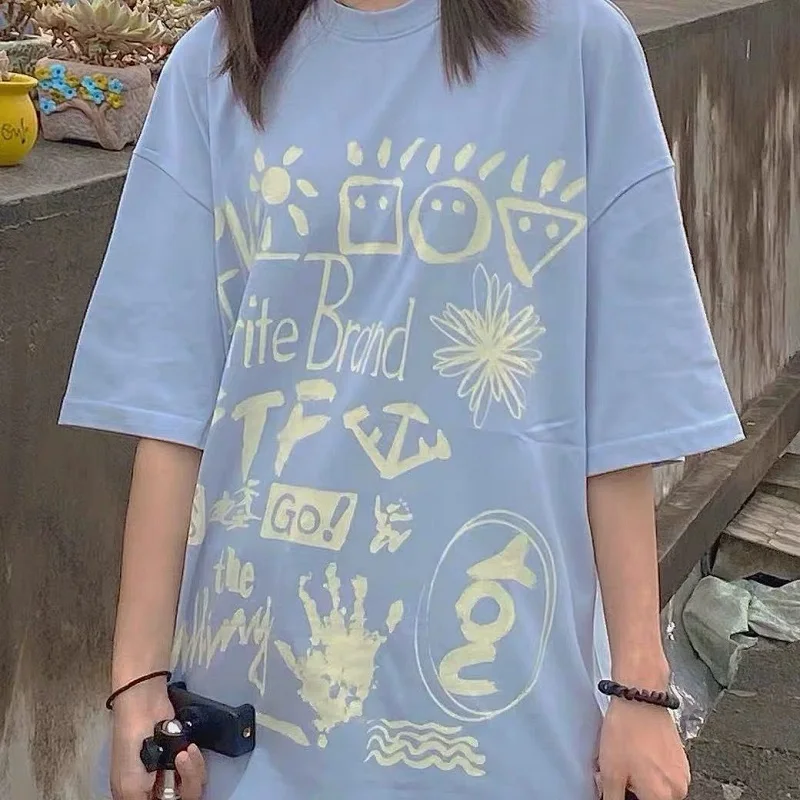 

IHarajuku Oversize T-shirt Casual Korean Sweet Cute Loose Top Personality Crow Print Pink T-shirt New Women Streetwear Summer