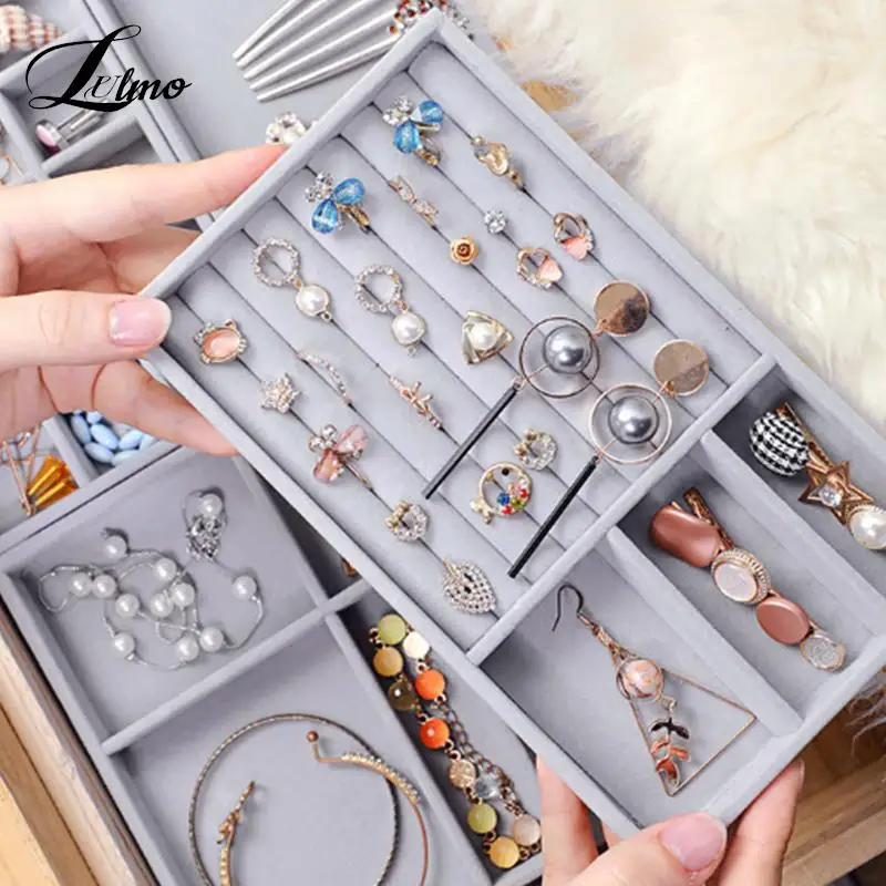 

Fashion Portable Velvet Jewelry Storage Tray Ring Necklace Display Organizer Box Holder Earring Jewelry Showcase Drawer Storage