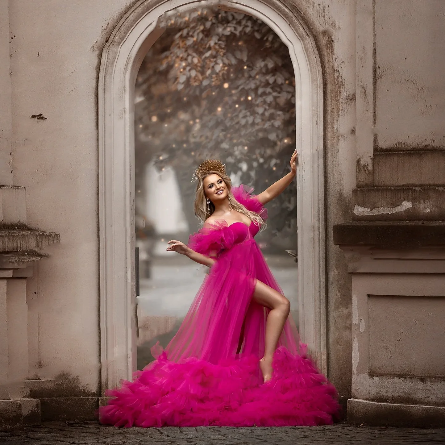 Фуксия вечерние платья пикантные с разрезом сердечком тюлевые трапециевидные