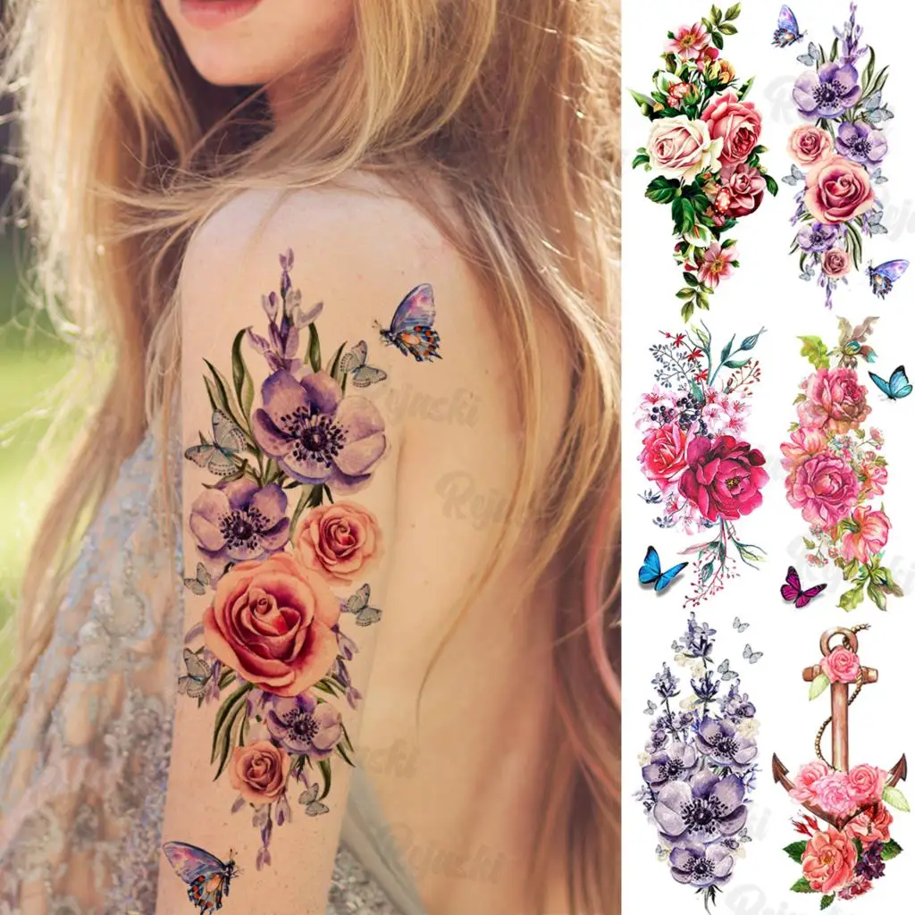 

Watercolor Rose Flower Temporary Tattoos For Women Girls Realistic Butterfly Anchor Lavender Flora Fake Tattoo Sticker Arm Tatoo