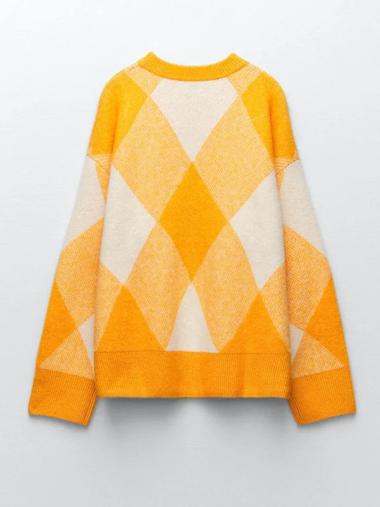 Женский вязаный свитер Za Свободный пуловер с рисунком ромбиками джемпер для