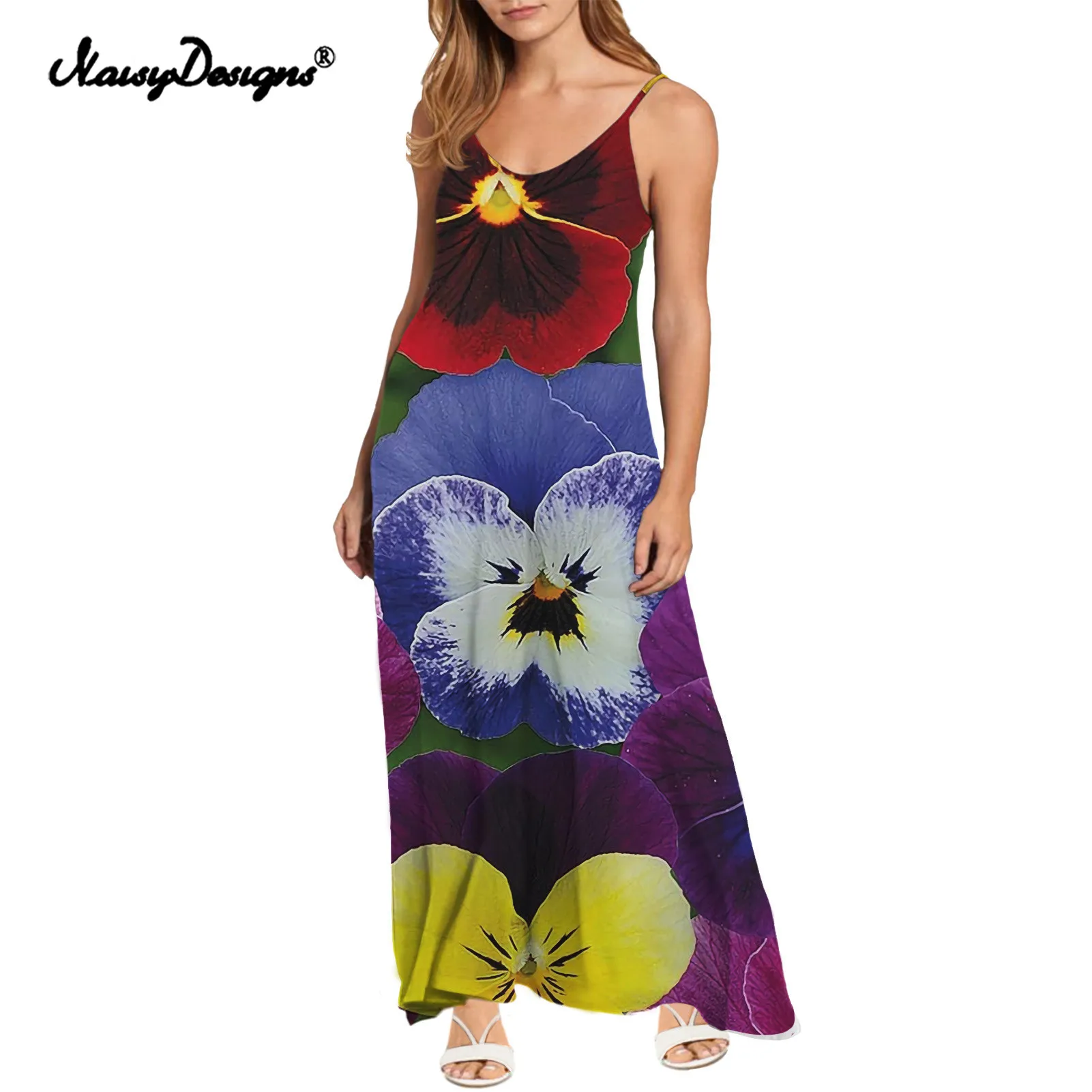 Noisydesigns Summer Holiday Dress Spaghetti Strap Colorful Pansy Flowers Prints Beach Style Ankle-Length Women Dresses Soft