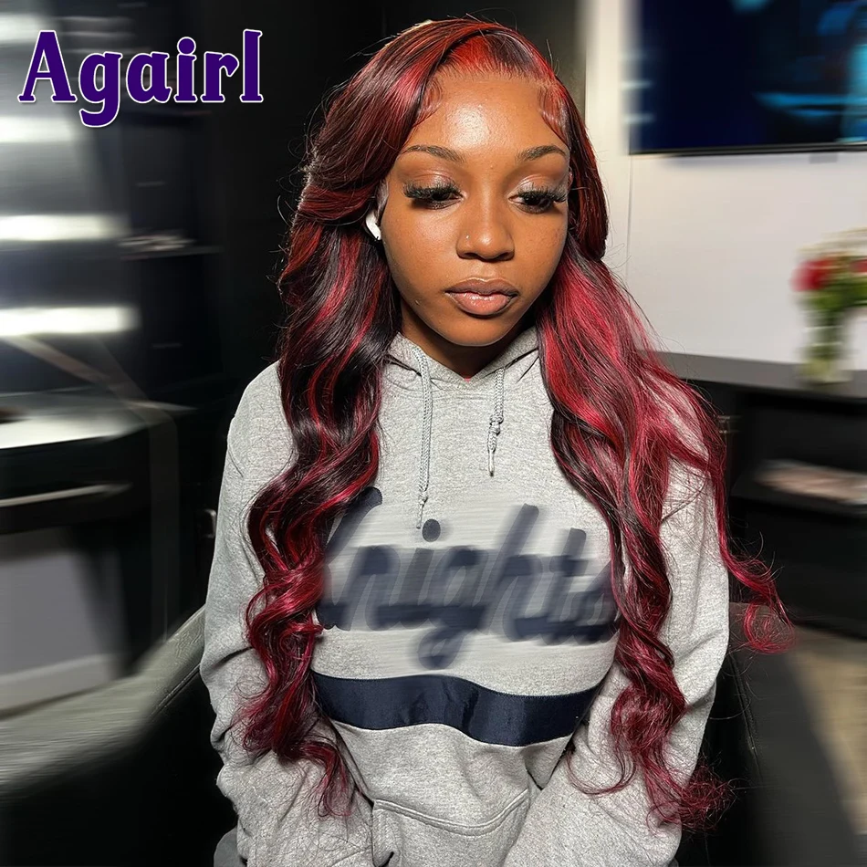 

Red with Black Highlight Body Wave Human Hair 13x6 13X4 Lace Frontal Wig 200% Density Transparent 5X5 Lace Closure Wig for Women