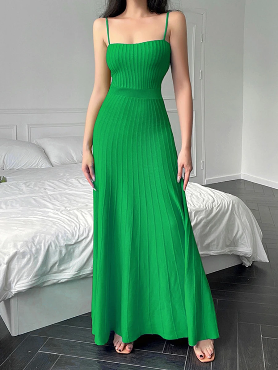 

Women Spaghetti Strap Sleeveless Dress Summer Solid Color Knitted Party High Waist A-Line Dress for Cocktail Beach Nightclub