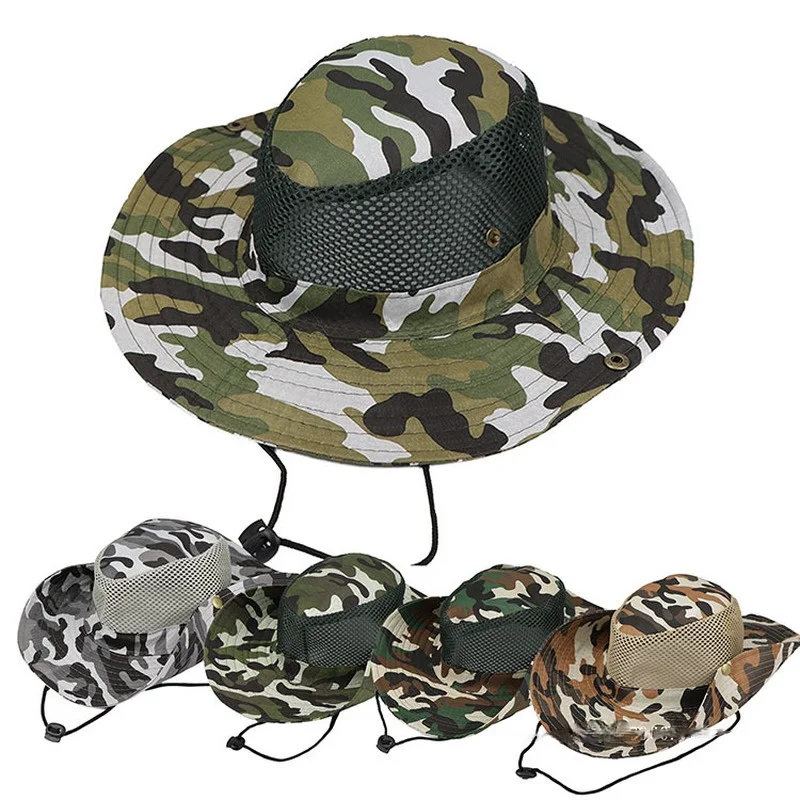 

Camouflage Outdoor Large Eaves Sun Hat Mesh Bucket Hat Fishing Hat Climbing Cap Breathable Light Uv Protection Hat