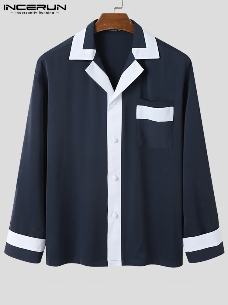 INCERUN Tops 2023 New Men Splicing Long Sleeve Shirts Fashion Casual Male Hot Sale Button Up Party Nightclub Pocket Blouse S-5XL