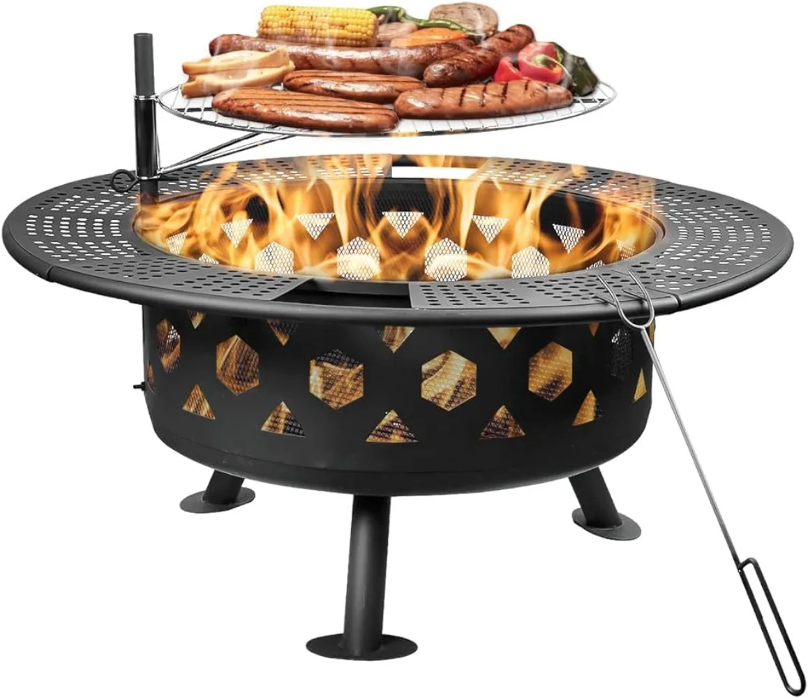 

32 Inch Outdoor Fire Pit, 2-in-One Large Camping Fire Pits for Outside with Cooking Grill and Fire Poker, Wood Burning Firepit