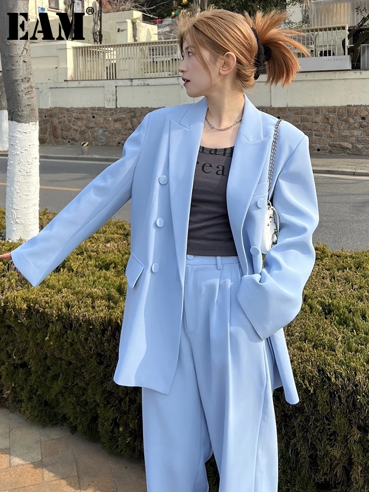 

[EAM] женский синий Короткий Повседневный Блейзер большого размера, новая свободная куртка с отворотом и длинным рукавом, модная демисезонная 2023 1DF6188