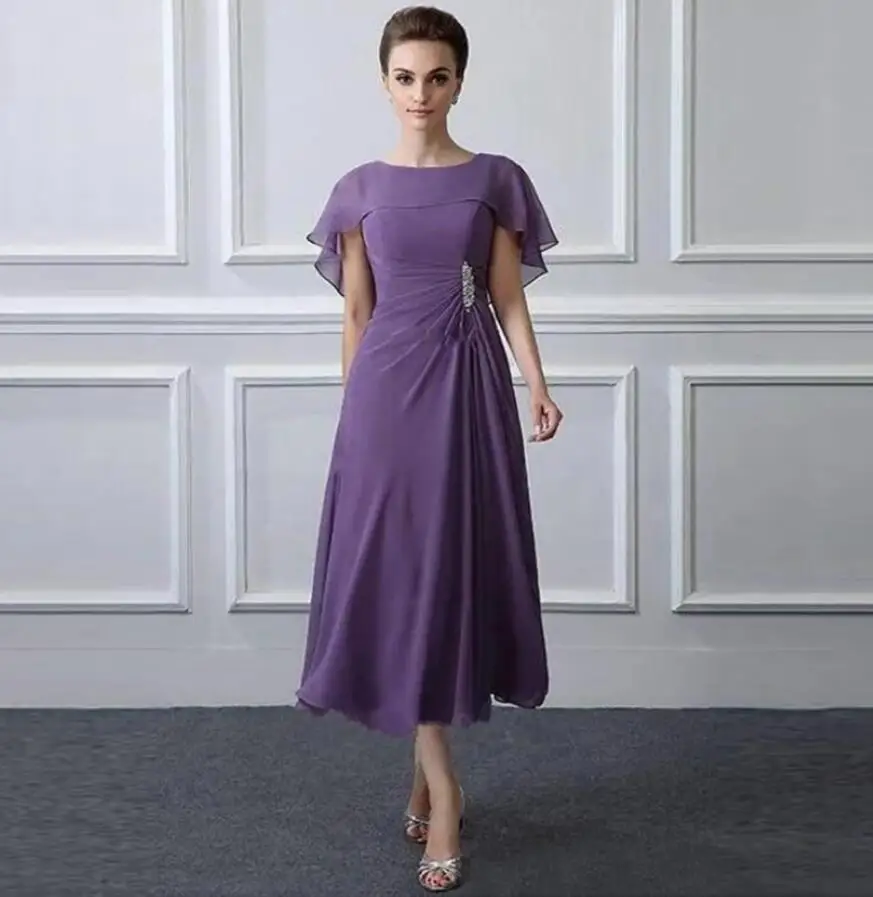 

2022 New Latest Affordable Purple Tea Length Chiffon Mother of the Bride Dresses Jewel Neckline Wedding of Groom Gowns Beaded