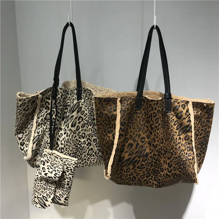

Винтажная леопардовая вместительная сумка-тоут, дизайнерские дамские сумочки на плечо из овечьей шерсти, роскошные меховые большие зимние ...