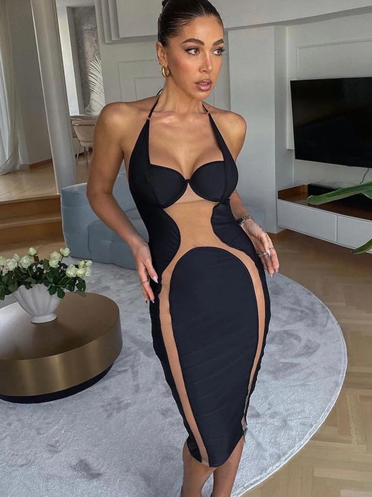 

Sibybo Elegant Mesh Sheer Sexy Midi Dress Women Sleeveless Backless Party Dresses 2022 Femme Summer Halter Bodycon Clothes