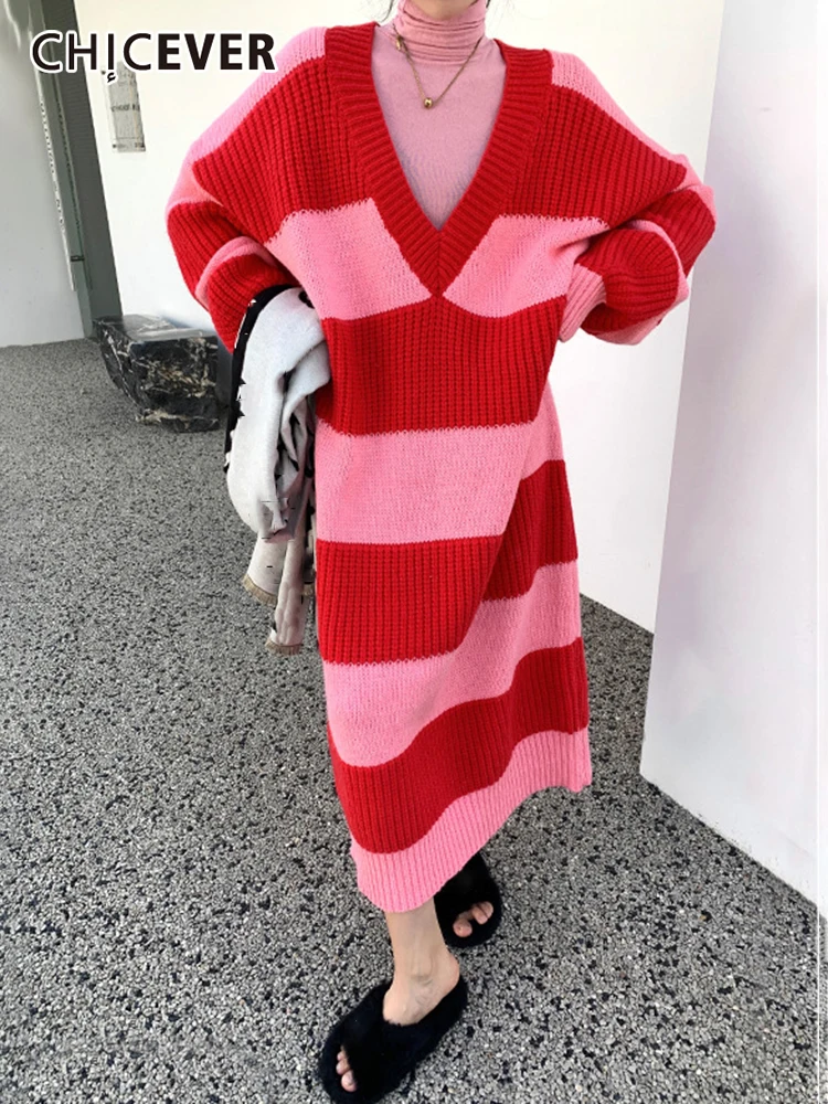 CHICEVER Hit Color Dresses For Women V Neck Long Sleeve Striped Pullover Loose Dress Female Autumn Clothing Fashion Style 2022