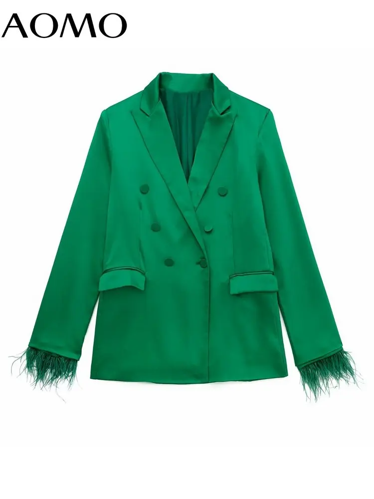 

AOMO Women Green with Feathers Double Breasted Blazer Coat and High Waist Wide Leg Pants Female Outwear 3H412A
