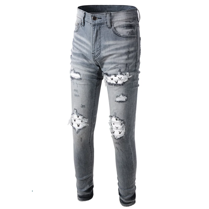 Джинсы мужские в стиле ретро модные уличные рваные джинсы Slim Fit эластичные