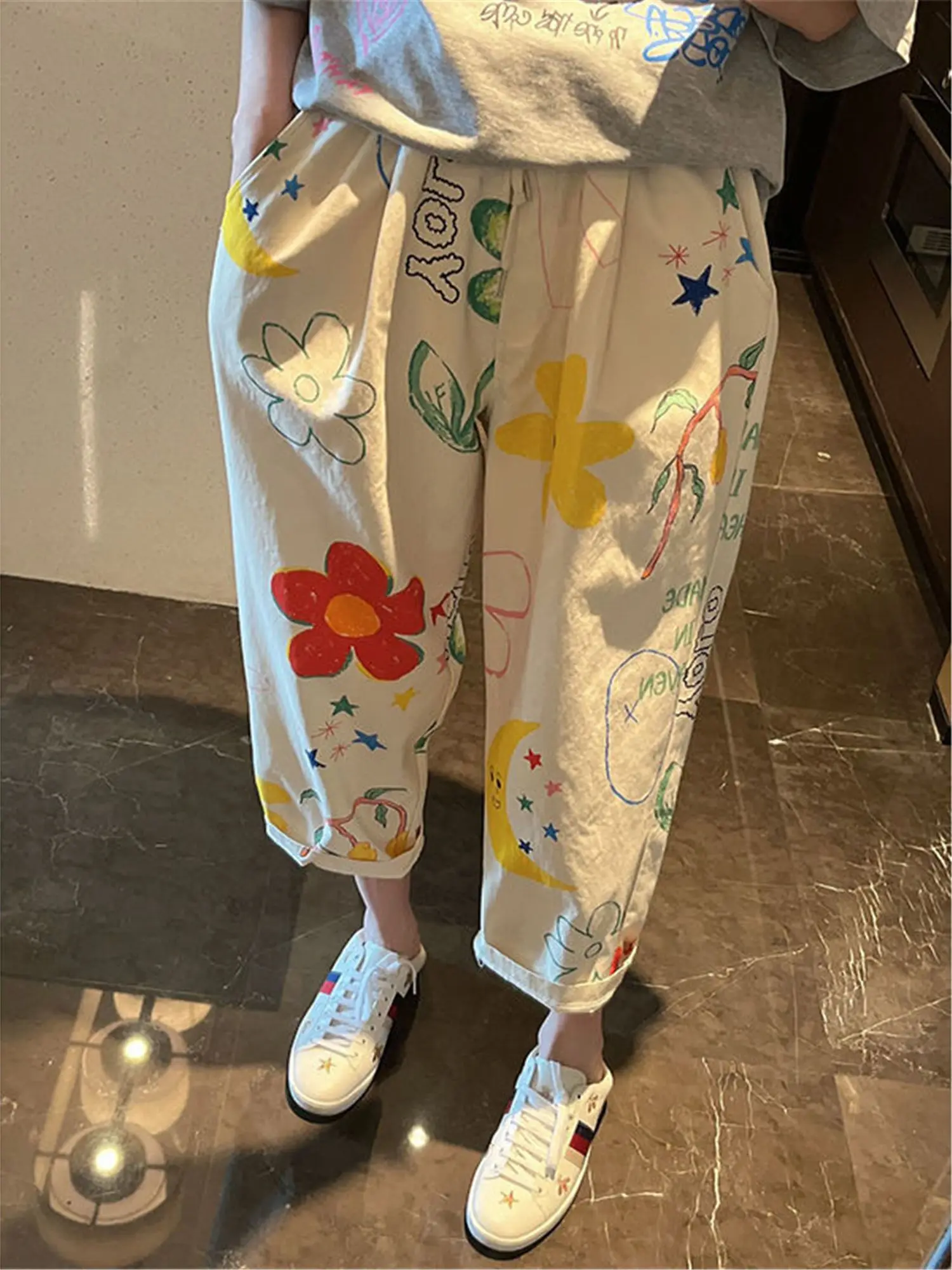 

6XL Cute Graffiti Flowers Print Pants Women Straight Trousers Summer Ulzzang Harajuku Fashion Hip Hop Female Oversized Pants