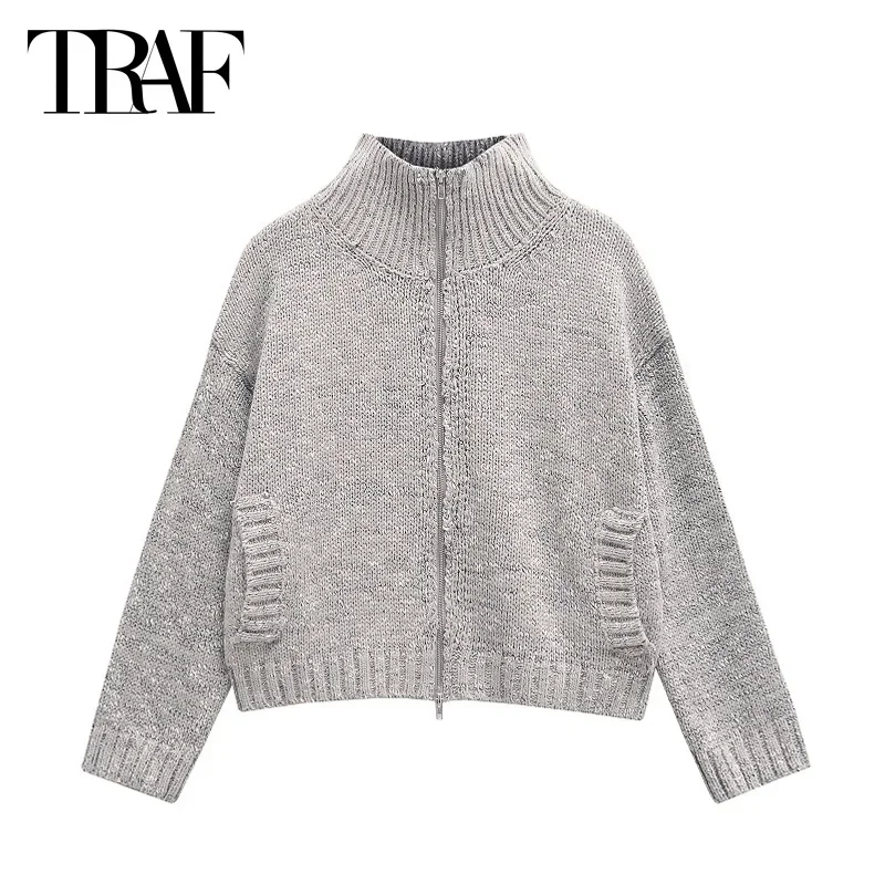 TRAF женский свитер вязаный короткий кардиганы осень-зима 2023 топ с длинными