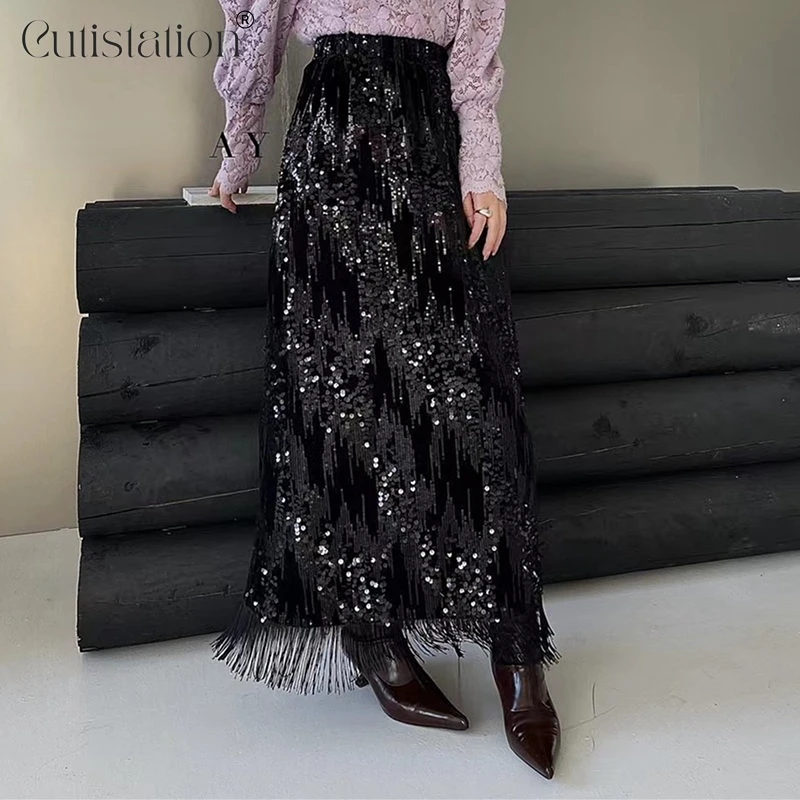 

Юбка-макси Женская бархатная с блестками и эластичным поясом