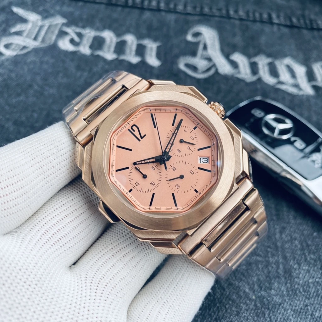 

mens quartz chronograph watch rose gold black steep strap