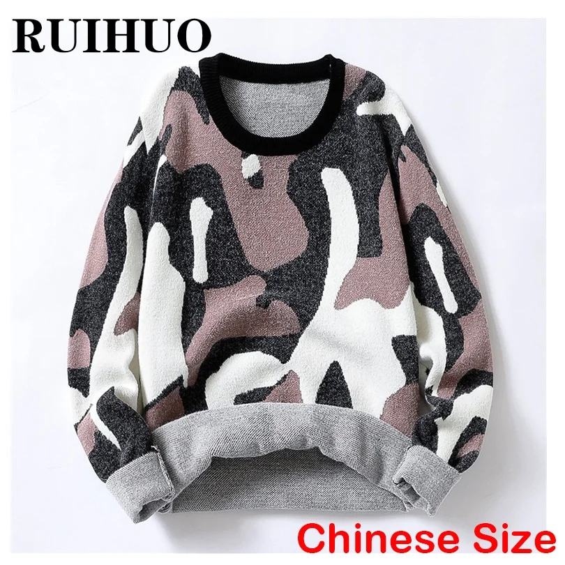 

RUIHUO Camouflage Korean Fashion Men Sweater Knit Pullover Jumper Mens Sweaters Vintage Clothes 2XL 2022 Autumn Winter New
