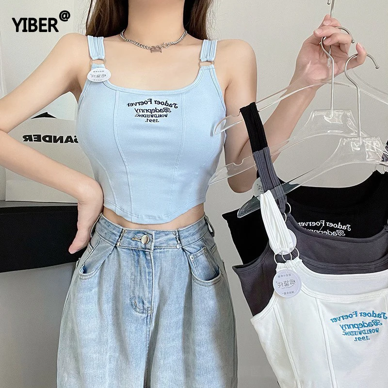 Women Sleeveless Crop Top Tank Tops Sexy Vest Letters Y2K Solid Color Short Women's T-shirt Camisole Crop Top With Bra Pad