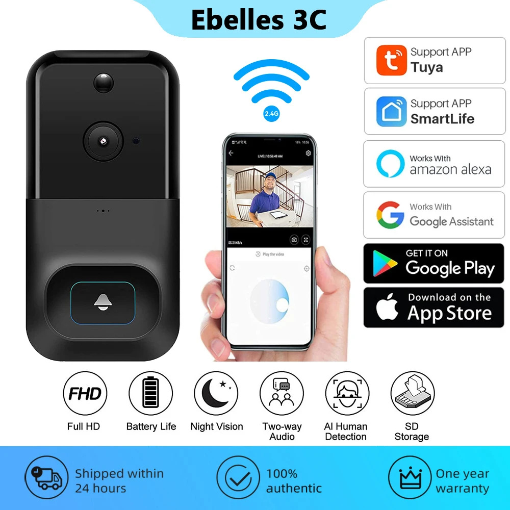 

Tuya Outdoor Wireless Doorbell Smart Home Intercom Wireless Doorbell Camera WiFi Digital Peephole Door Bell Security Protection