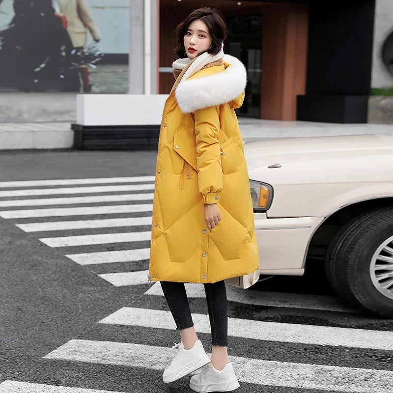 Down Cotton Jacket Women 2022 Winter New Korean Slim Fashion Casual Padded Coat Female Large Size Hooded Fur Collar Long Parkas