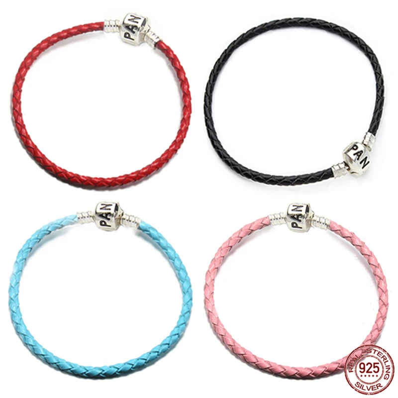 

Fashion 925 sterling silver red woven leather rope snake bone bracelet fit original DIY exquisite jewelry