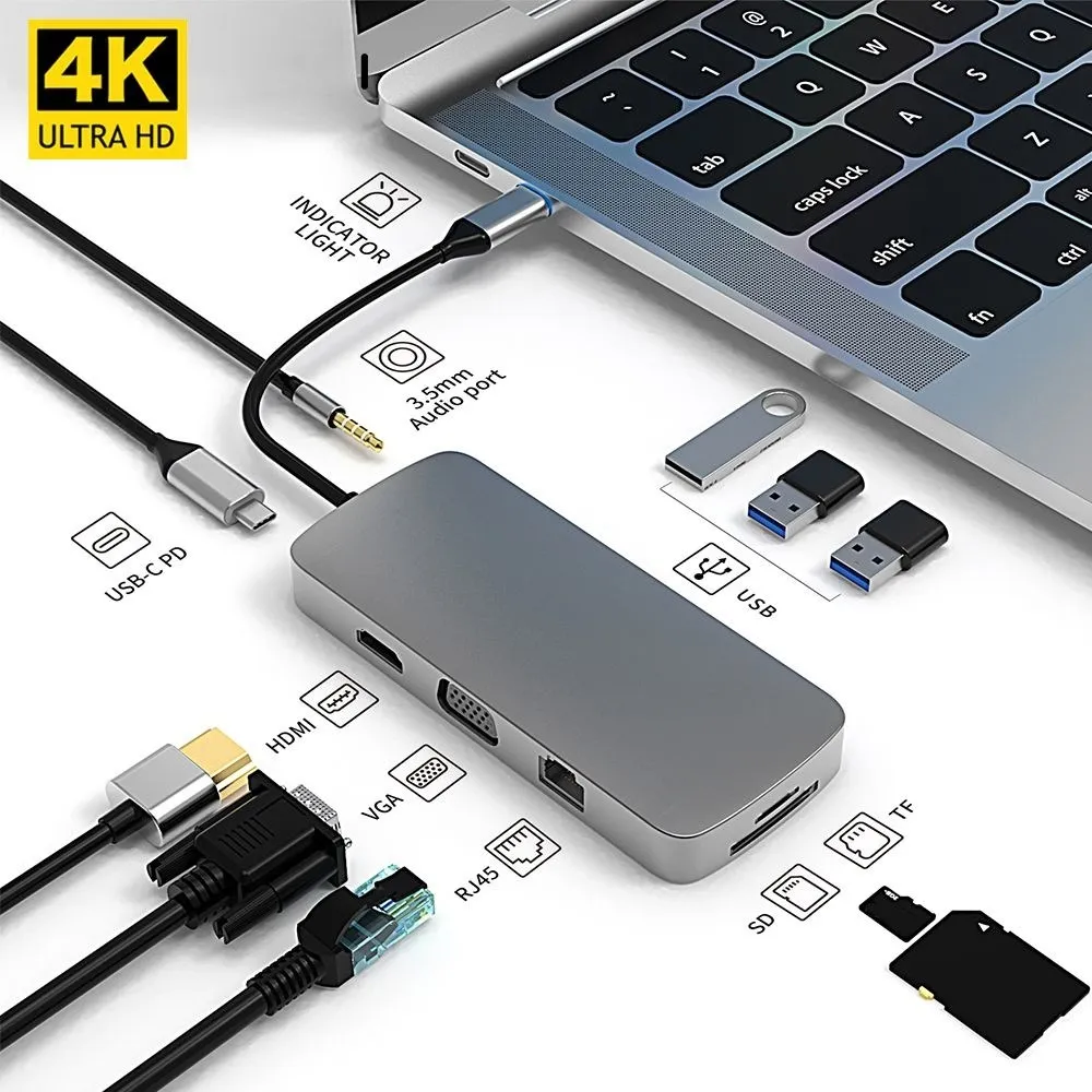 

Multiport Adapter SD TF RJ45 Dock Station PD Charge USB C HUB Type-C Splitter 4K HDMI For Macbook Air M1 iPad Pro Genuine Sale