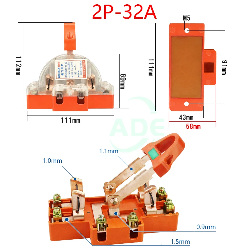 

Двойной переключатель медный 2P 32A 220V/380V