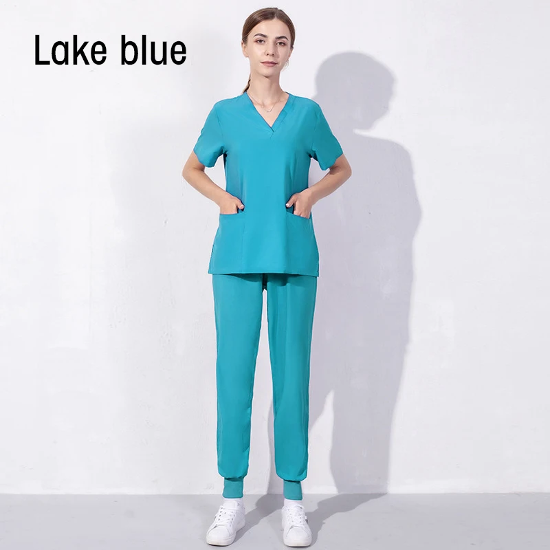 

Unisex Scrub Nurse Medical Uniform Suit Slim Threaded Trousers+Top Set Women Solid Color Short Sleeve Spa Doctor Breathable New