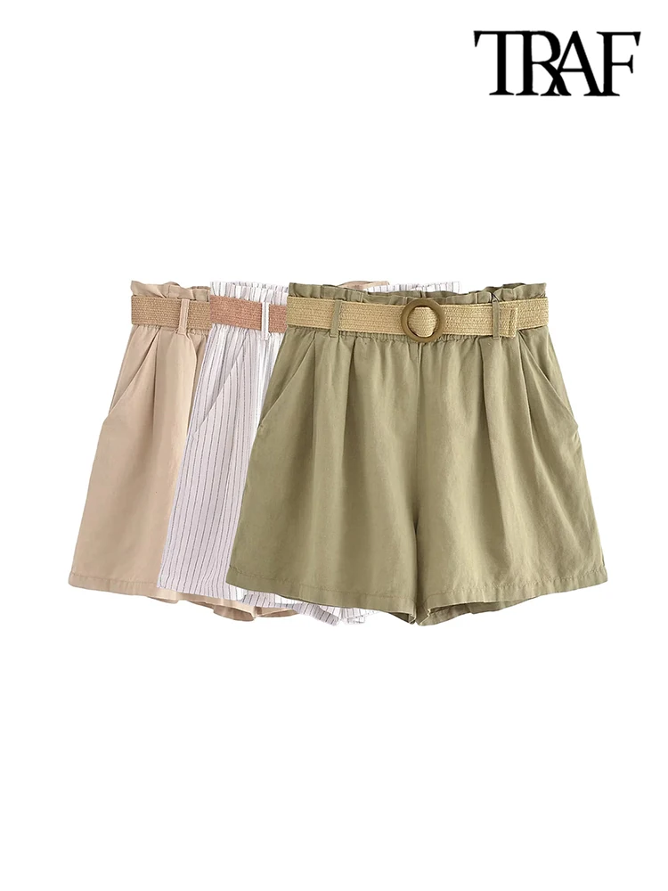 

TRAF Women Fashion With Belt Linen Paperbag Bermuda Shorts Vintage High Elastic Waist Front Pockets Female Short Pants Mujer