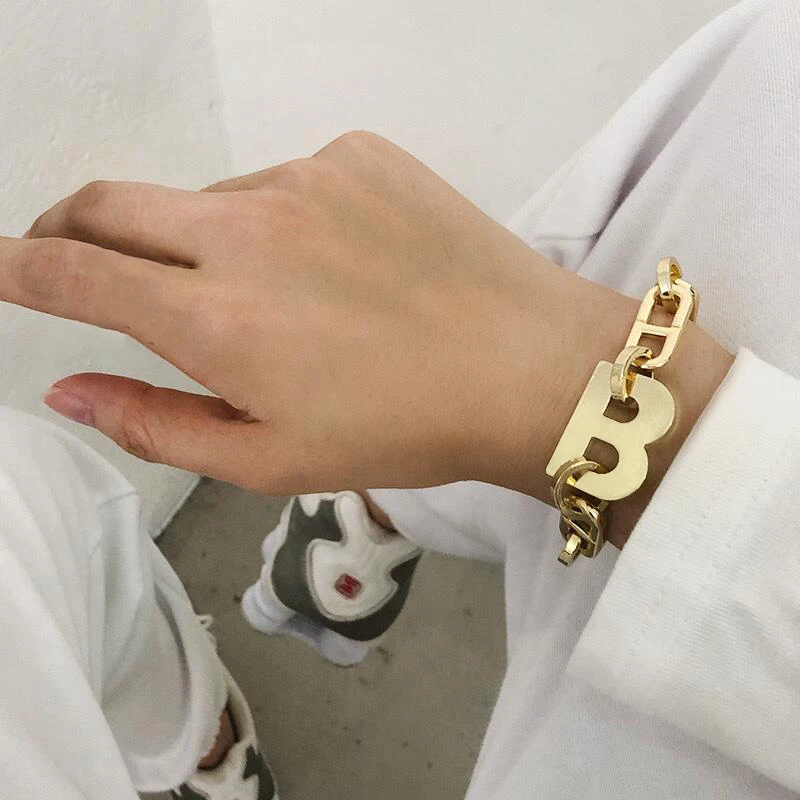 

Flashbuy New Design Gold Color Metal Letter B Bracelets for Women Thick Link Chain Bracelet Fashion Jewelry