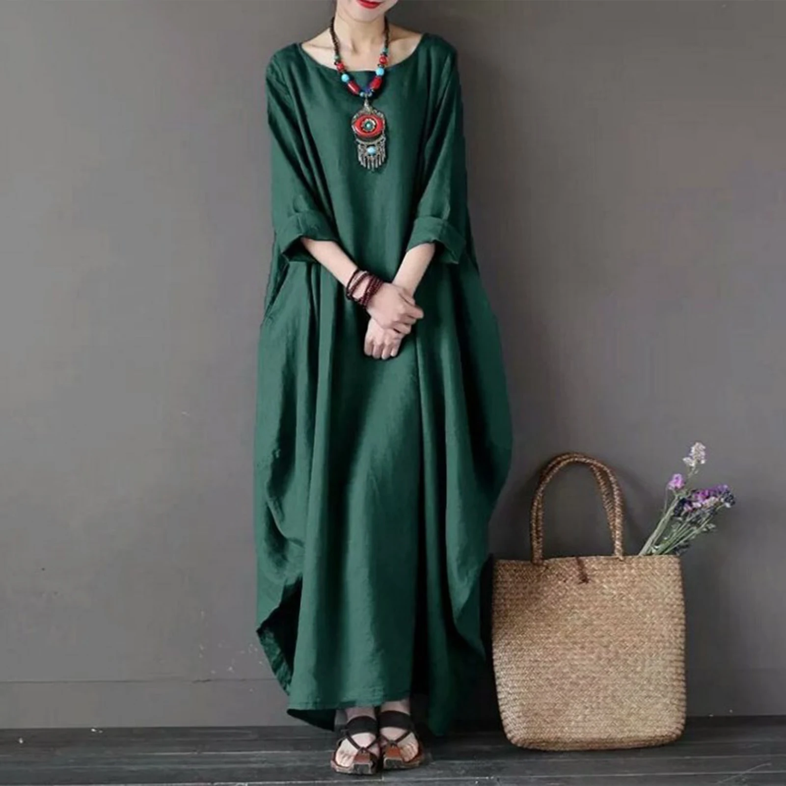 

Womens Linen Dresses 2023 Long Sleeved Fashion Solid Color Summer Elegant Casual Pastoral Style Holiday Beach Female Dress